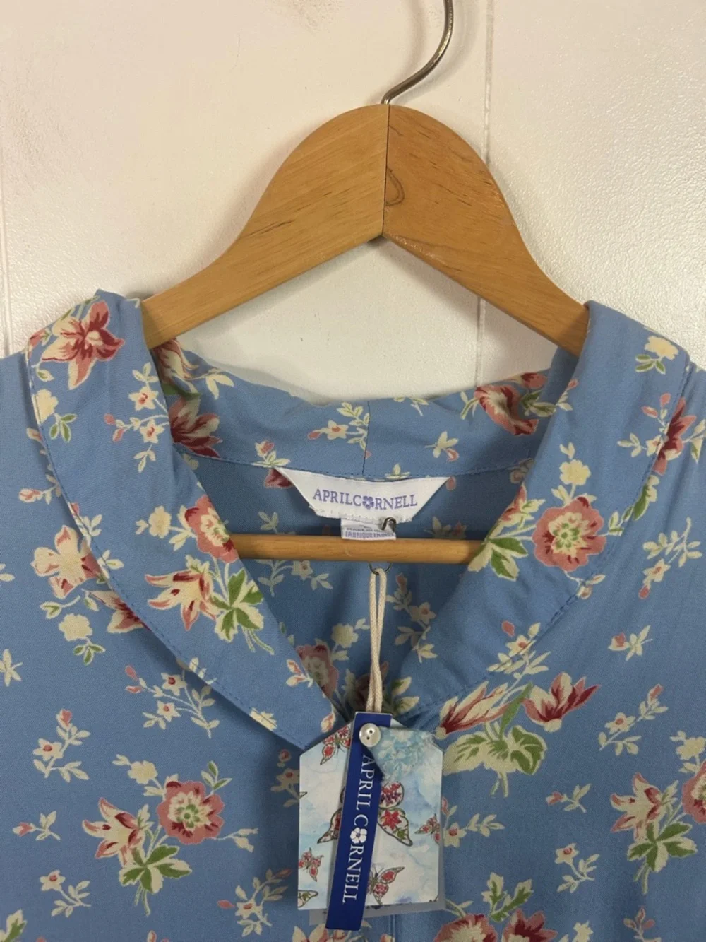 April Cornell Blue Floral Print Petra Short Sleeve Blouse Summer Top Size Large - Picture 10 of 14